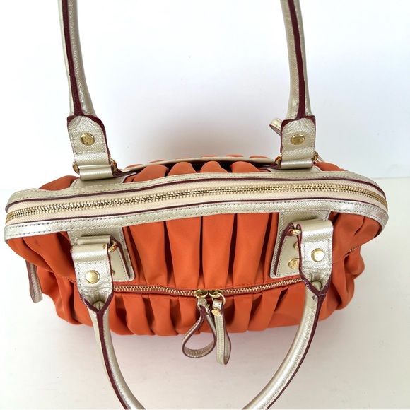 MZ WALLACE Bea Bedford Pleated Orange Nylon Gold Leather Trim Shoulder Bag Tote - Picture 11 of 16